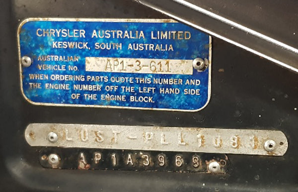 Chrysler Royal AP1 Model Codes, Identification Plate and Engine Number Location
