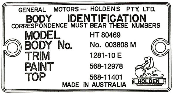 Holden HK HT HG Identification Plates, VIN Numbers and Model Codes Explained