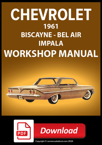 Cover of 1961 Chevrolet workshop manual for Biscayne, Bel Air, and Impala models